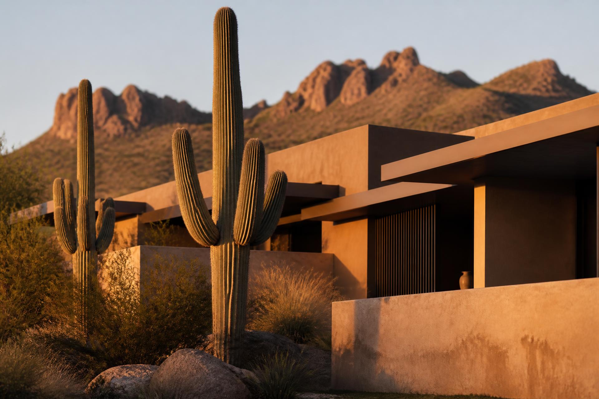 A modern desert home at golden hour with saguaro cactus and mountains behind